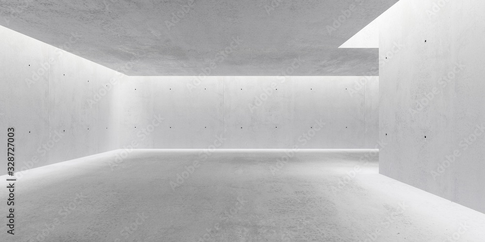 Abstract empty, modern concrete walls hallway room with indirekt ceiling lights and rough floor - industrial interior background template - obrazy, fototapety, plakaty 