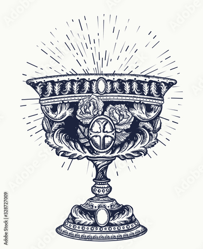 Holy grail. Tattoo and t-shirt design. Medieval sacred chalice of Christianity. Symbol of Dark Ages Europe, alchemy legends, mystical secret of crusaders and Templars. Gothic fairy tale art