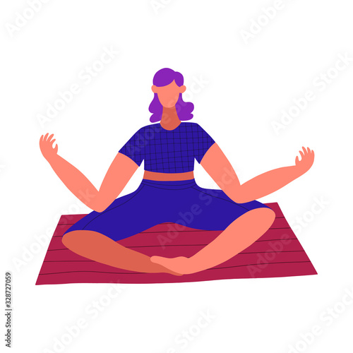 Young woman doing yoga pose on a rug. Fitness sport concept. Cartoon simple flat style. Vector illustration isolated.