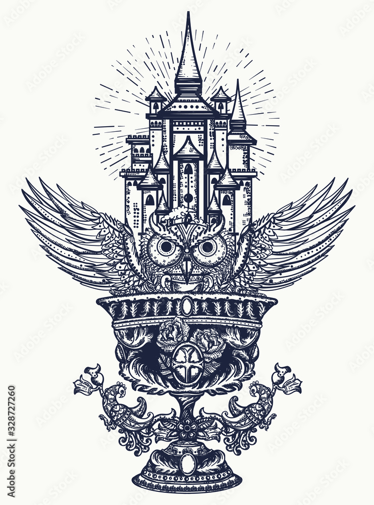 Tattoo uploaded by Tattoodo  Medieval Castle tattoo by Leny Tusfey  LenyTusfey medievaltattoos blackandgrey neotraditional darkart  illustrative castle architecture moon clouds sparkle stars building  magical  Tattoodo