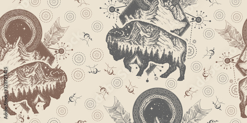 Magic tribal bison double exposure. Seamless pattern. Packing old paper, scrapbooking style. Vintage background. Medieval manuscript, engraving art. Buffalo bull travel symbol, adventure, tourism