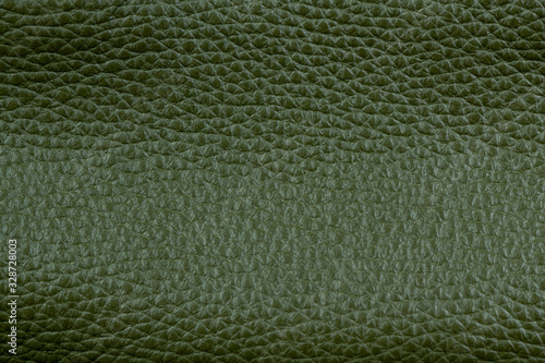 Green smooth natural leather in large grain textured background