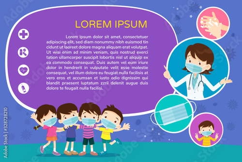children and doctor wear a medical face mask with copy space