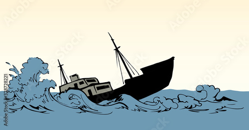 Shipwreck in the waves. Vector drawing