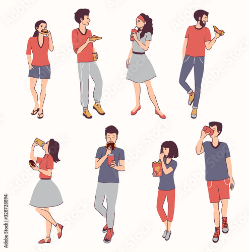 Young people eating fast food including burgers 