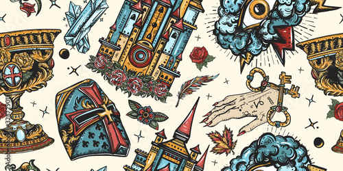 Medieval seamless pattern. Old school tattoo style. Crusader helmet, sacred holy grail, ancient castle, occult hands, all seeing eye. Middle age background