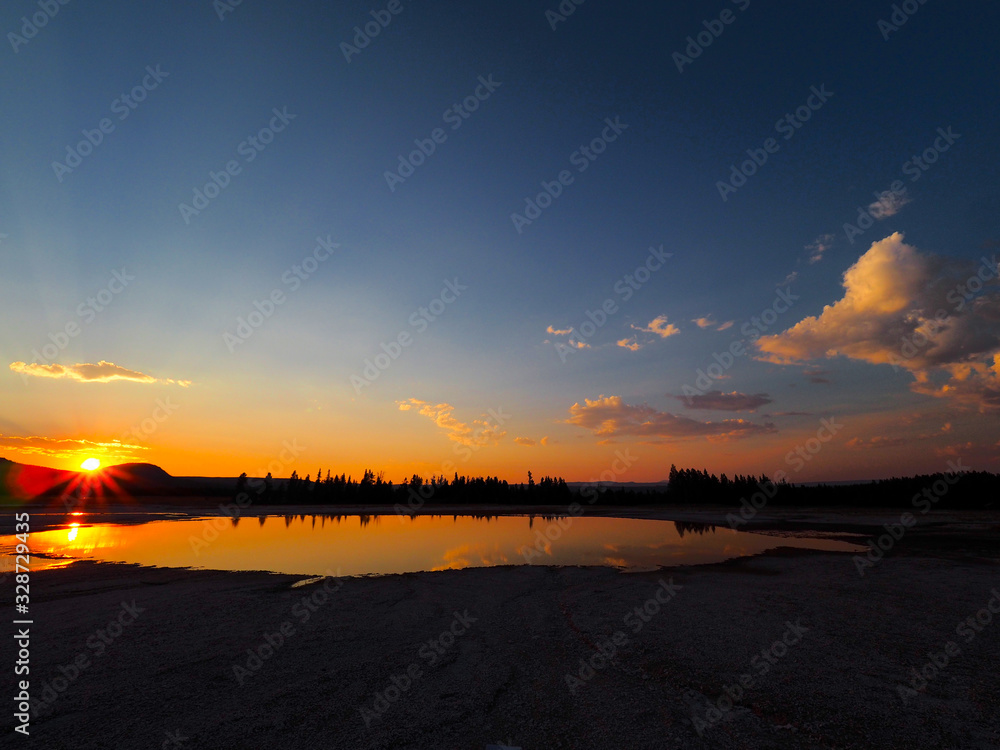 Sunset on the water at Grand Prismatic Springs