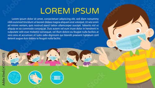 children wear a medical face mask with copy space for banner