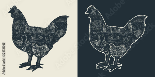 Chicken double exposure. Farm animals art. Template for clothes, covers, emblems, stickers, poster and t-shirt design. Typography art. Vector illustration