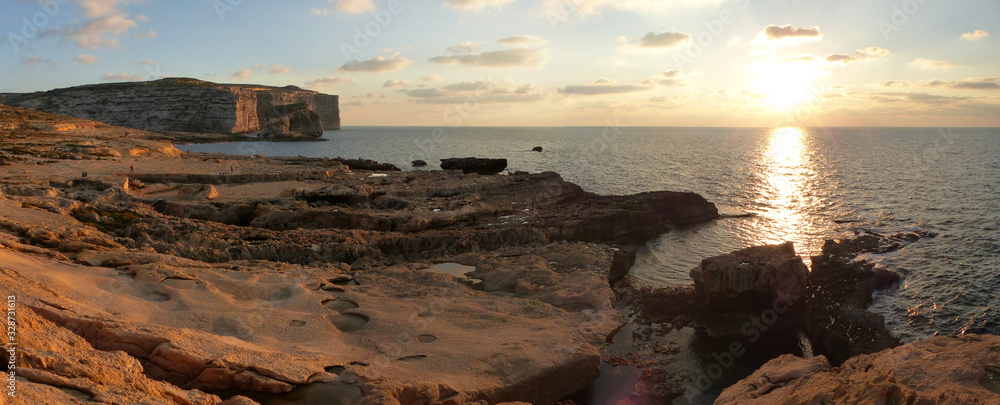 Panoramic view of the cliffs and where the Azure Window was, and with its natural surroundings. Dwejra. Gozo, Malta