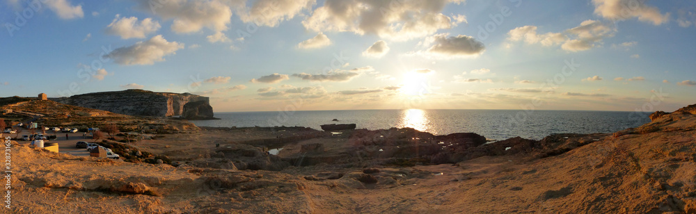 Panoramic view of the cliffs and where the Azure Window was, and with its natural surroundings. Dwejra. Gozo, Malta Panoramic view of the cliffs and where the Azure Window was, and with its natural surroundings. Dwejra. Gozo, Malta