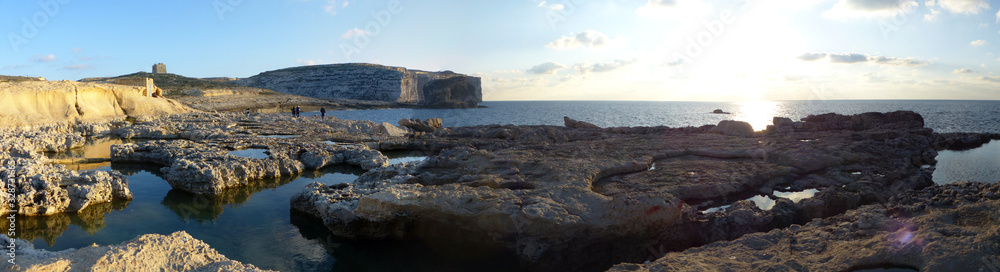 Panoramic view of the cliffs and where the Azure Window was, and with its natural surroundings. Dwejra. Gozo, Malta