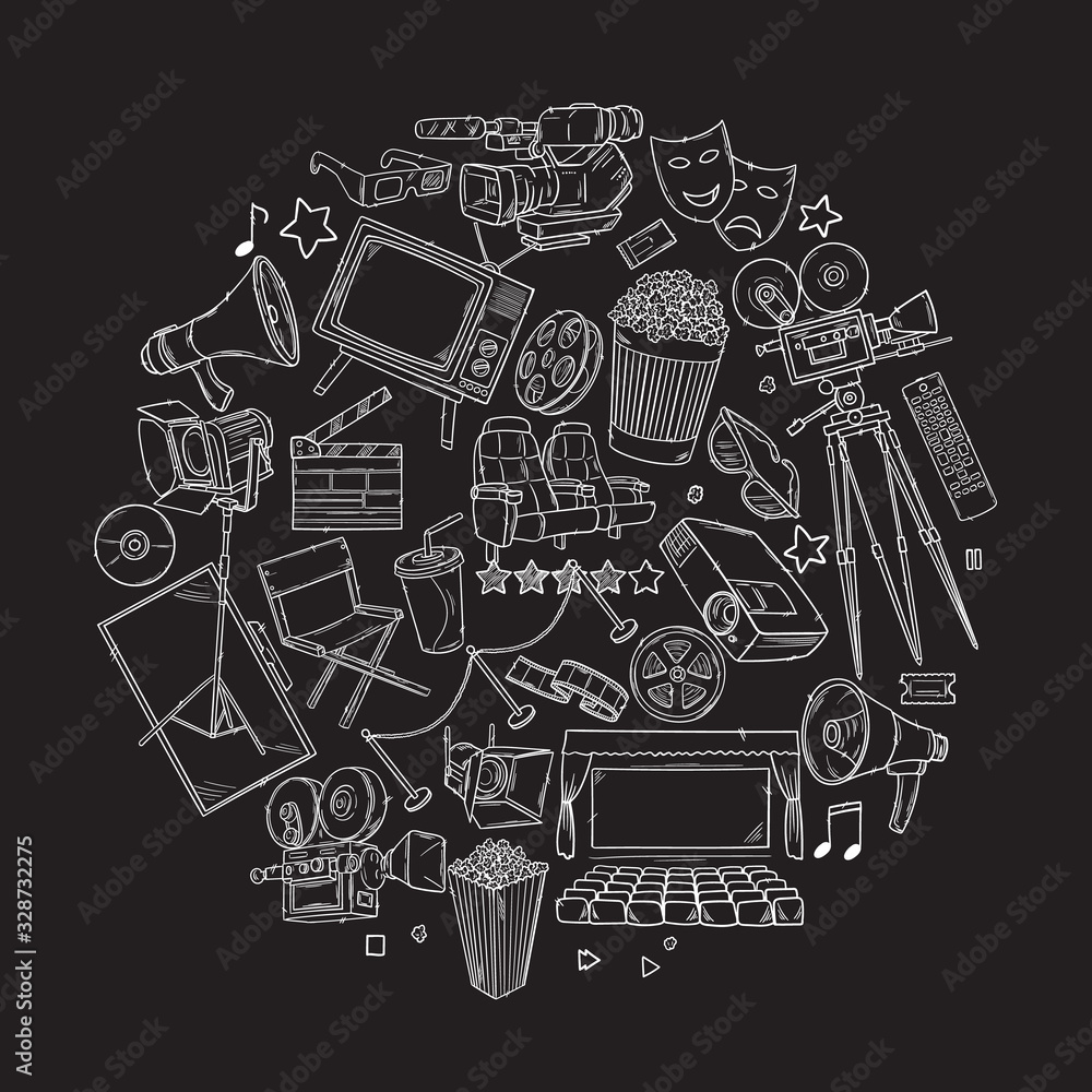 Hand drawn vector illustrations - Cinema collection. Movie and film ...