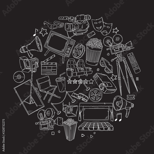 Hand drawn vector illustrations - Cinema collection. Movie and film elements in sketch style. Perfect for posters, banners, flyers, advertising, billboards
