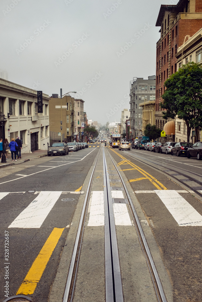 Trolly tracks and pedestrian crosswalk on an urban street with trees