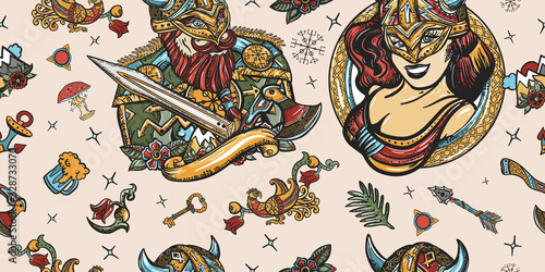 Vikings seamless pattern. Old school tattoo background. Medieval barbarian, and woman warrior. Scandinavian culture. Valhalla art. Northern history
