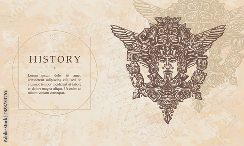 History. Aztec totem. Mexican god. Mesoamerican mythology. Ancient Mayan art. Renaissance background. Medieval manuscript, engraving art