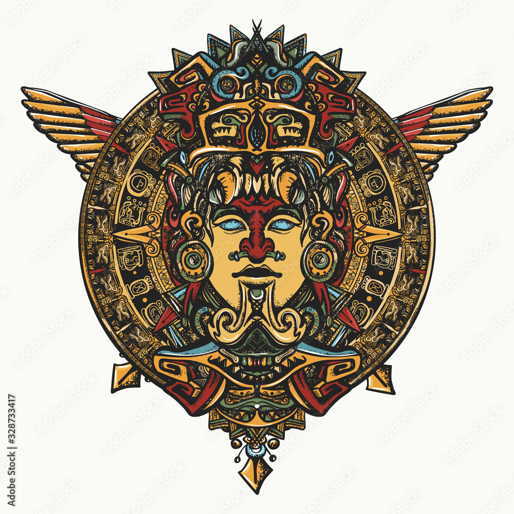 Ancient totem, wings and mayan sun tattoo and t-shirt design. Mesoamerican mythology. Aztec art. Mexican god Stock Vector