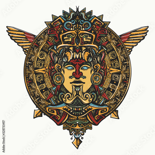 Ancient totem, wings and mayan sun tattoo and t-shirt design. Mesoamerican mythology. Aztec art. Mexican god