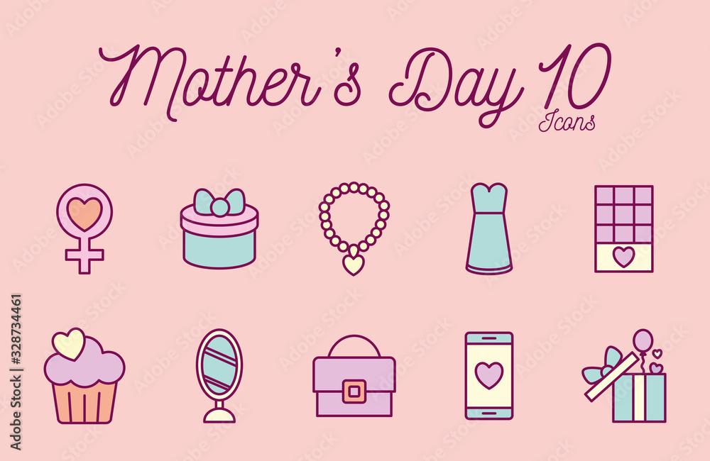 10 happy mothers day line and fill style icon set vector design