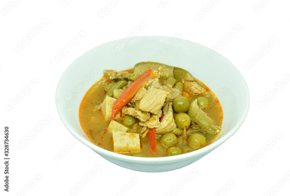 boiled spicy mixed vegetable with chicken in curry soup on bowl boiled spicy mixed vegetable with chicken in curry soup on bowl