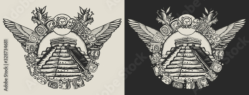 Mayan pyramids. Chichen Itzá. Mesoamerican mexico mythology and culture. Tribal totem and ancient glyphs. Template for clothes, covers, emblems, stickers, poster and t-shirt design. Typography art