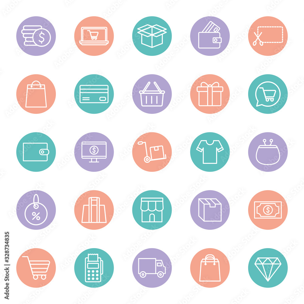 shopping line and block style icon set vector design