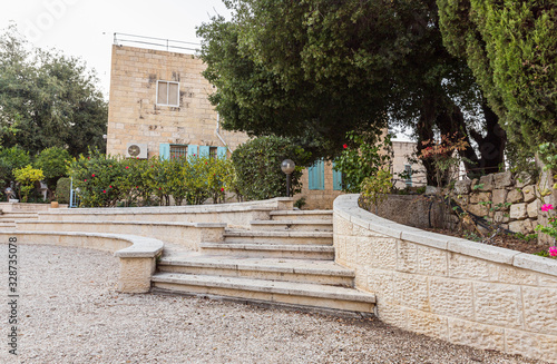 The garden of the Our Lady of the Ark of the Covenant Church in the Chechen village Abu Ghosh near Jerusalem in Israel photo