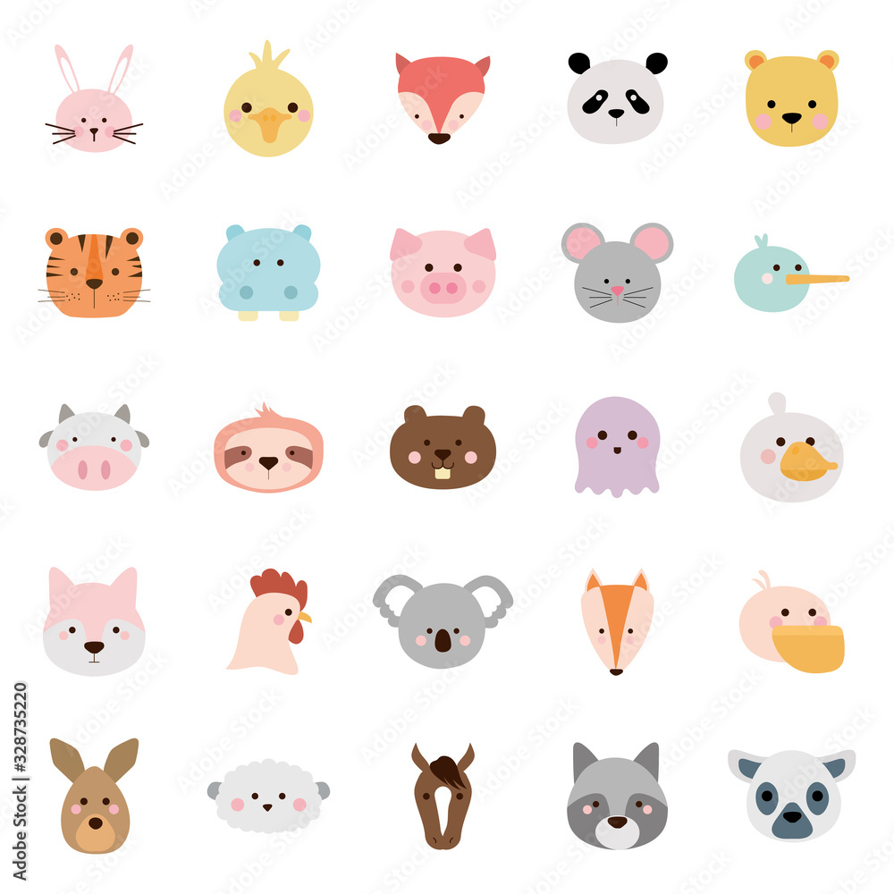 Fototapeta premium Cute animals cartoons flat style icon set vector design