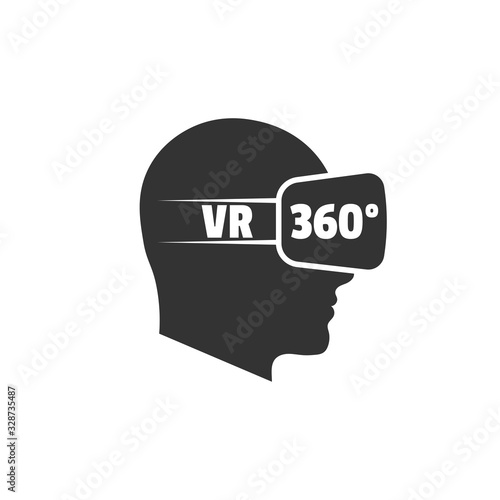 Silhouette of human head with virtual reality glasses. VR 360 angle. Vector icon isolated on white.