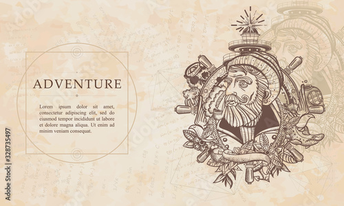Sea adventure. Old captain smokes a pipe. Bearded seaman portrait. Renaissance background. Medieval manuscript, engraving art