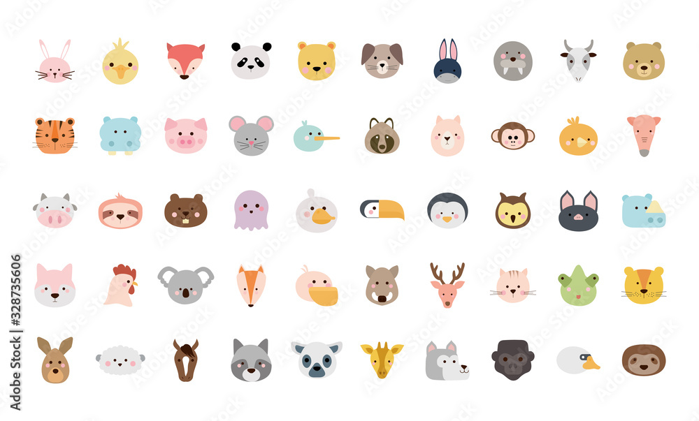 Cute animals cartoons flat style icon set vector design Cute animals cartoons flat style icon set vector design