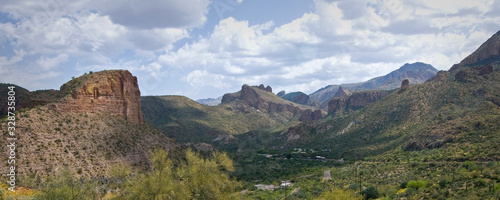 A panoramic desert vista looking east toward Tortilla Flats from historic Apache Trail in Arizona.