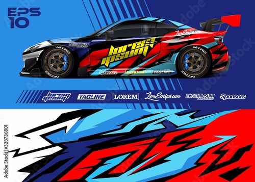 Car wrap racing livery vector. Abstract stripe racing background for wrap race car, rally, drift car, cargo van, pickup truck and adventure vehicle. Full vector Eps 10.