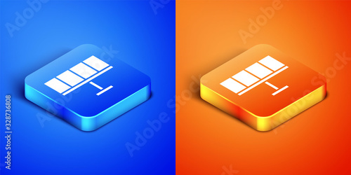 Isometric Solar energy panel icon isolated on blue and orange background. Square button. Vector Illustration