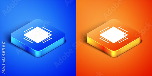 Isometric Computer processor with microcircuits CPU icon isolated on blue and orange background. Chip or cpu with circuit board sign. Micro processor. Square button. Vector Illustration