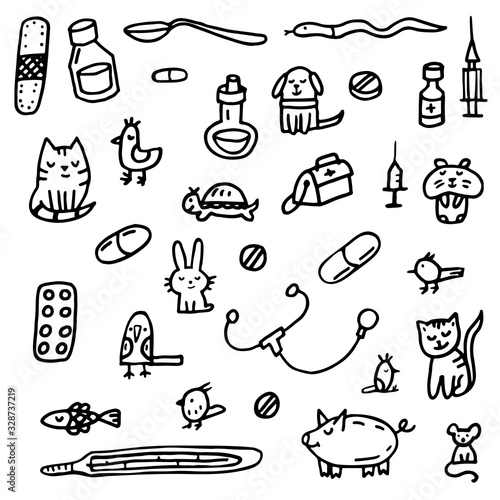 Doodle about veterinary. cat, dog, hamster, parrot, rabbit, pig, cow, hare, fish, medications, phonendoscope, syringes, thermometer, mouse, rat, turtle, plaster.
