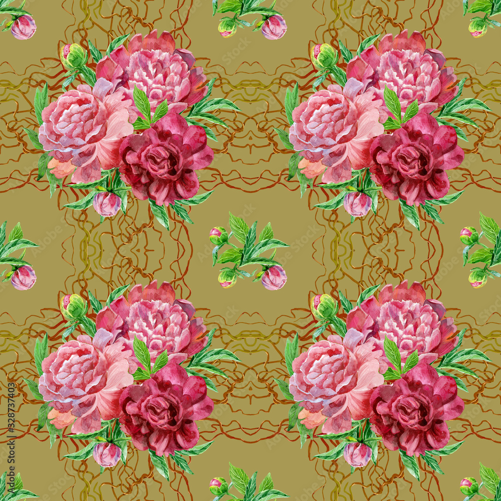 Seamless pattern with red and pink peonies flowers.