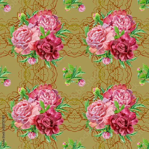 Seamless pattern with red and pink peonies flowers.