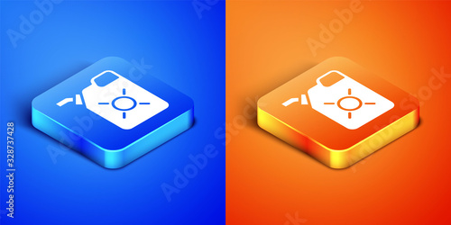 Isometric Canister for motor machine oil icon isolated on blue and orange background. Oil gallon. Oil change service and repair. Engine oil sign. Square button. Vector Illustration