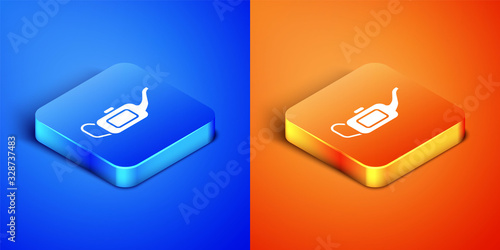 Isometric Canister for motor machine oil icon isolated on blue and orange background. Oil gallon. Oil change service and repair. Square button. Vector Illustration