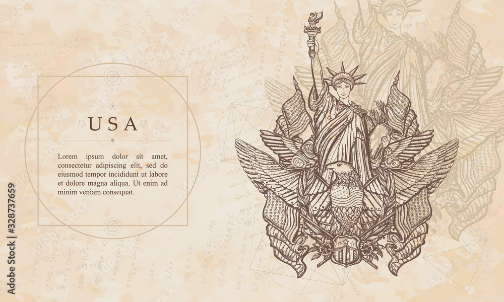 USA. Statue of liberty, eagle, flag and map. United States of America. Patriotic background. Medieval manuscript, engraving art
