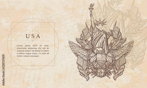 USA. Statue of liberty, eagle, flag and map. United States of America. Patriotic background. Medieval manuscript, engraving art
