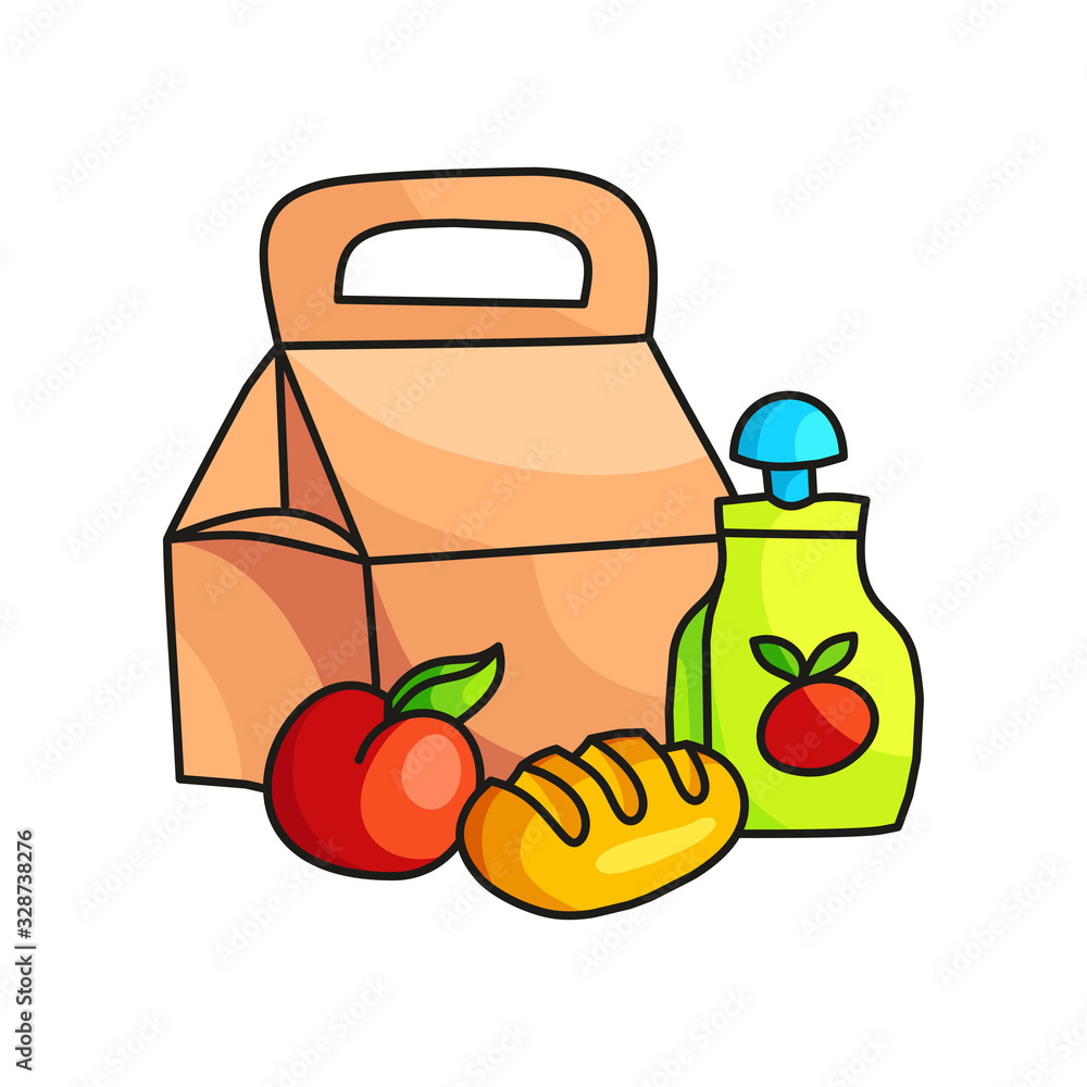School breakfast in paper package with apple juice and fruit, bread School breakfast in paper package with apple juice and fruit, bread