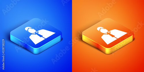 Isometric Lawyer, attorney, jurist icon isolated on blue and orange background. Jurisprudence, law or court icon. Square button. Vector Illustration