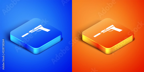 Isometric Pistol or gun with silencer icon isolated on blue and orange background. Square button. Vector Illustration
