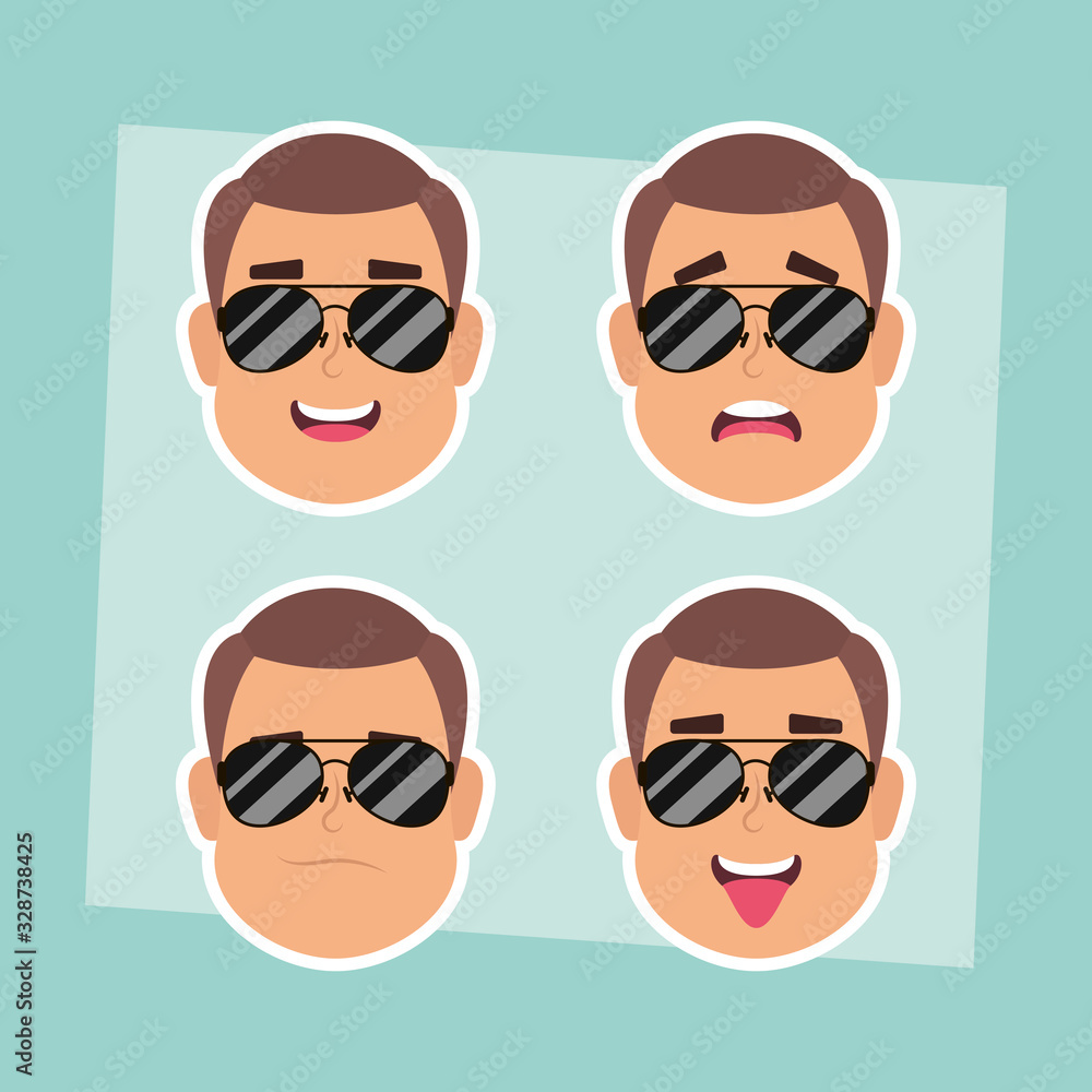 group of man faces with sunglasses characters group of man faces with sunglasses characters