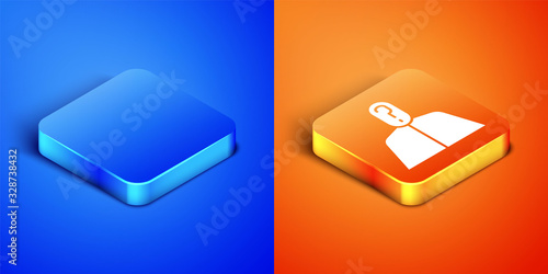 Isometric Anonymous man with question mark icon isolated on blue and orange background. Unknown user, incognito profile, business secrecy, obscurity. Square button. Vector Illustration