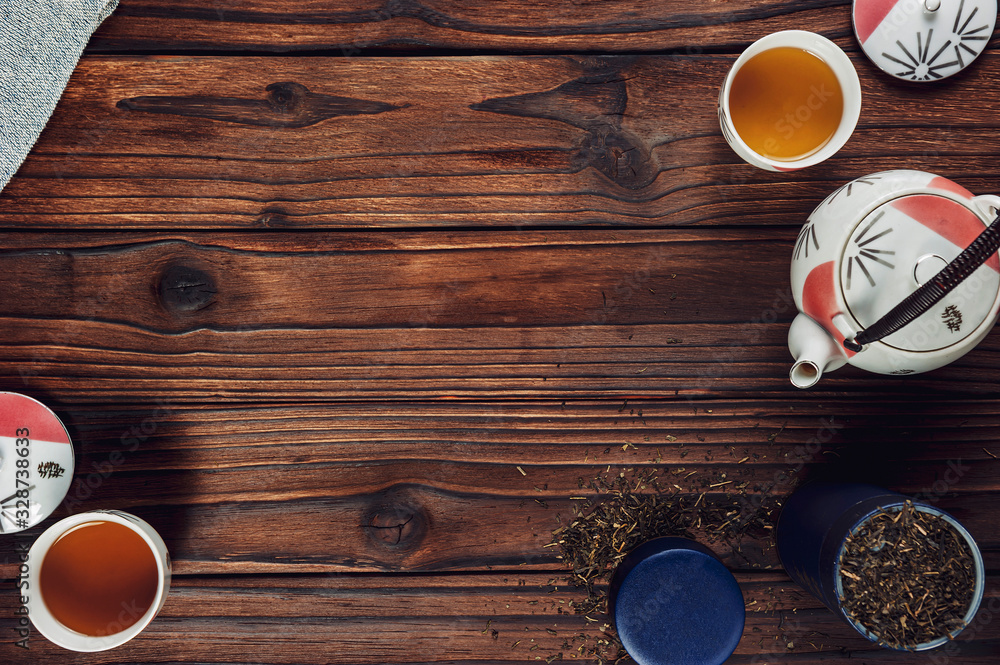Japanese tea on wood table in top view Japanese tea on wood table in top view