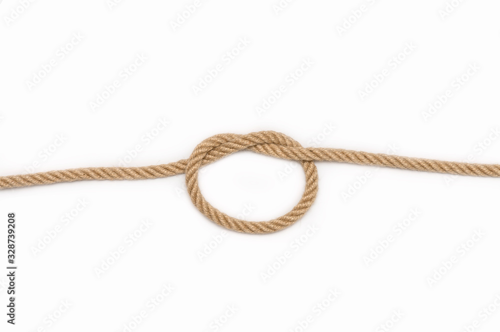 Simple knot. Isolated image of tangled rope on white background.